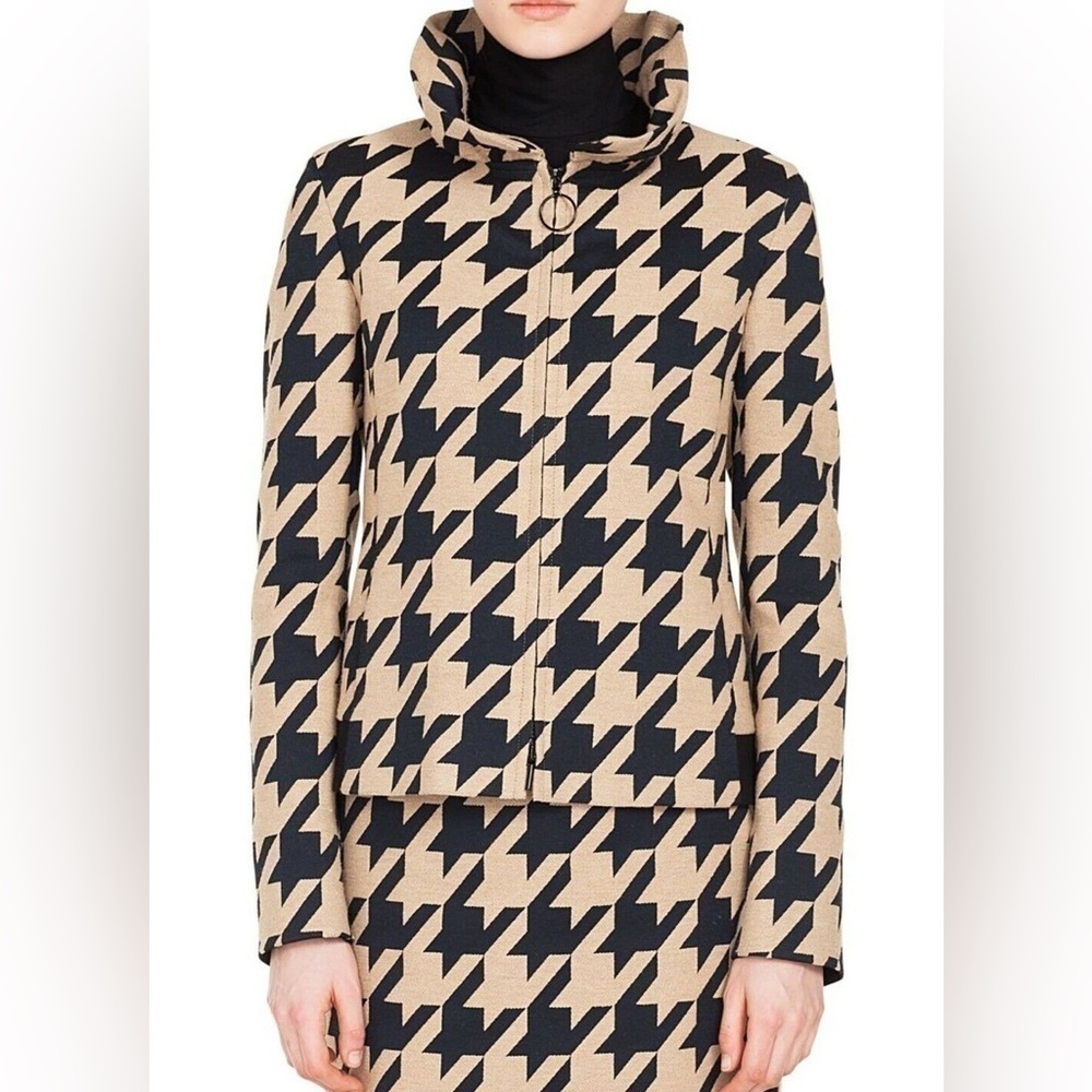 AKRIS PUNTO Houndstooth Jacquard Jacket in Caramel Black Sz10